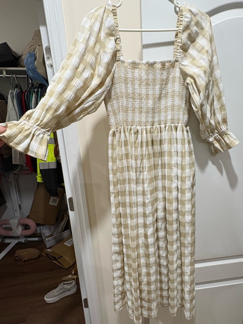 Mud Pie Cream and White Gingham Maxi Dress with Smocked Bodice - Picture 2 of 2